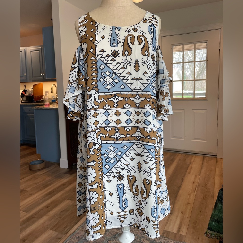 Blue and Brown Open Shoulder Dress